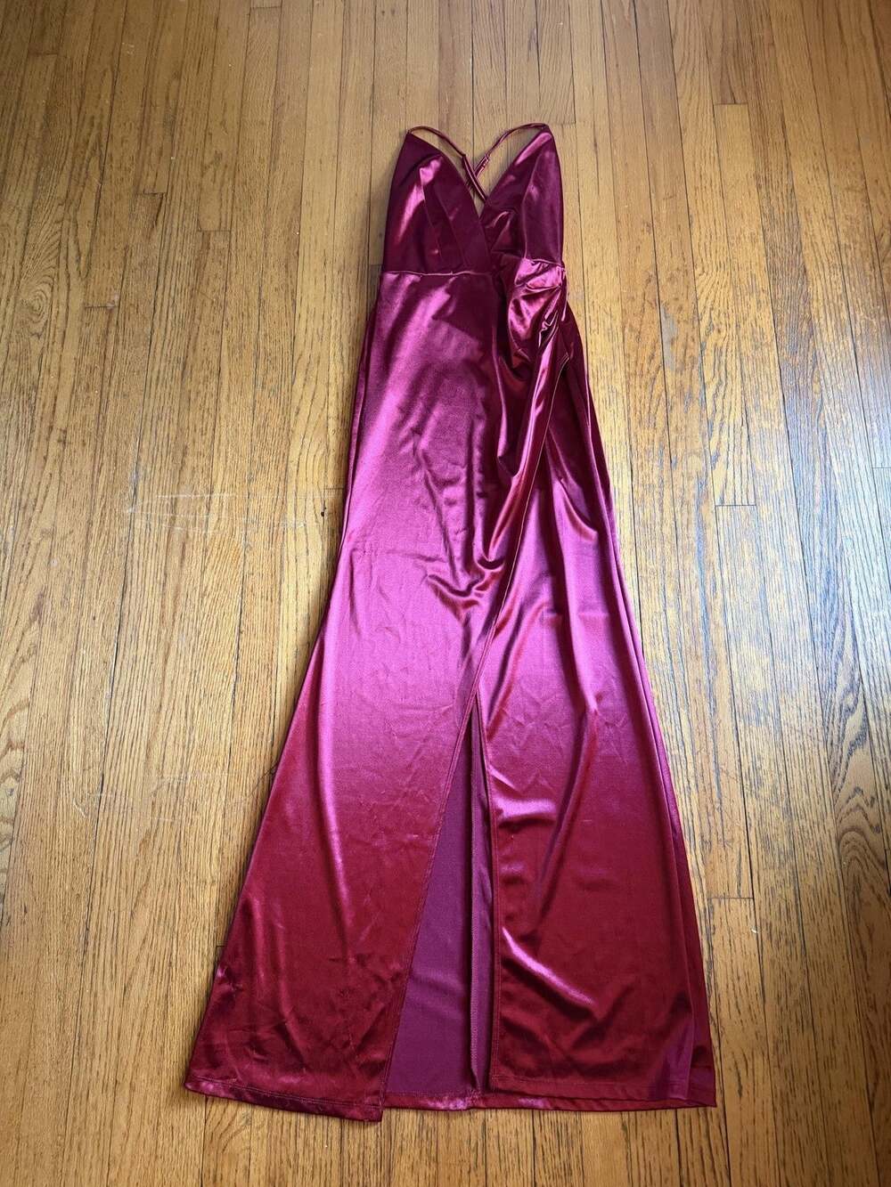 Lulus Red Satin V Neck Strappy Side Slit Maxi Formal Gown